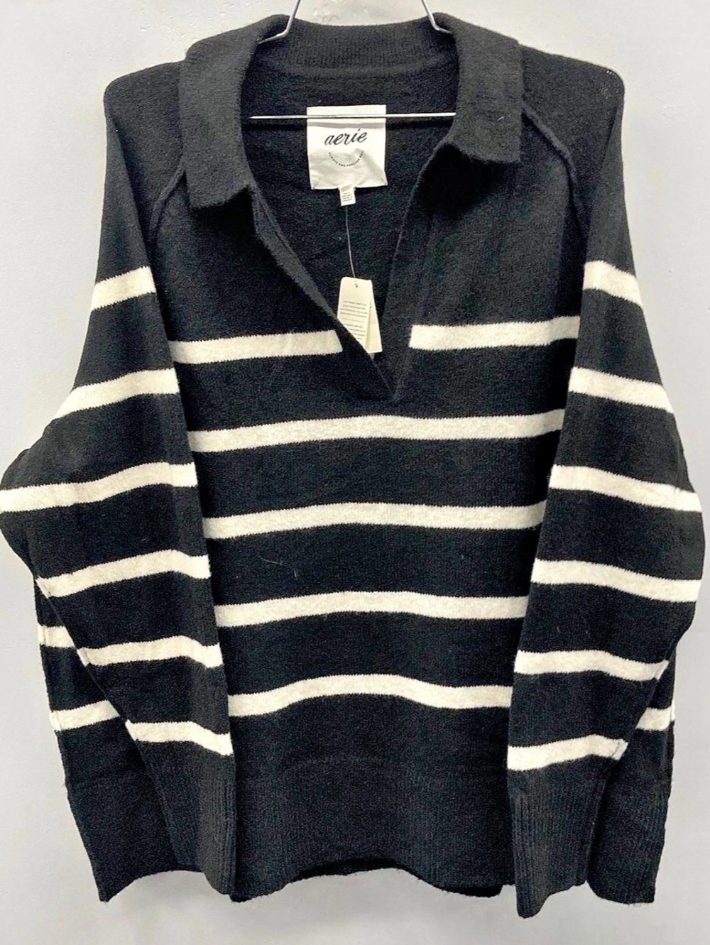 Aerie unREAL Polo Sweater Striped Black & White Size Medium NWT
